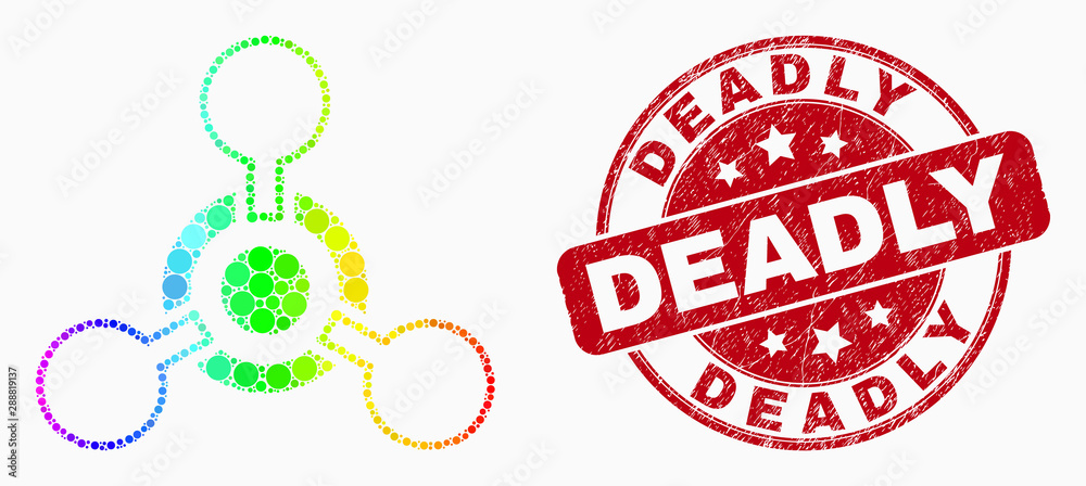 Pixel spectral toxic Nerve agent mosaic pictogram and Deadly seal stamp. Red vector round grunge stamp with Deadly message. Vector combination in flat style. Pixel spectral toxic Nerve agent mosaic pictogram and Deadly seal stamp. Red vector round grunge stamp with Deadly message. Vector combination in flat style.