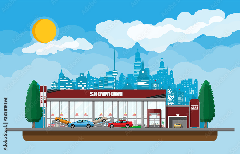 Fototapeta premium Exhibition pavilion, showroom or dealership. Car showroom building. Car center or store. Auto service and shop. Cityscape, road, house, tree, sky, cloud and sky. Vector illustration in flat style