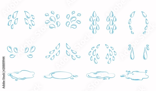 Contoured cartoon tear drops and puddles set. Sorrow weeping cry streams, tear blob or sweat drop. Stream of crying wet eyes tears or rain droplets splash shape.