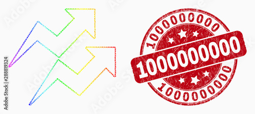 Dotted spectrum trend arrows mosaic icon and 1000000000 stamp. Red vector round distress seal stamp with 1000000000 message. Vector composition in flat style.