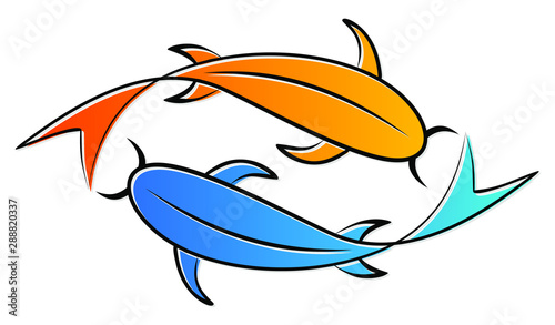 Symbol with gold and blue fish.