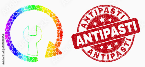 Dotted spectrum update repair wrench mosaic icon and Antipasti watermark. Red vector rounded grunge watermark with Antipasti text. Vector collage in flat style.