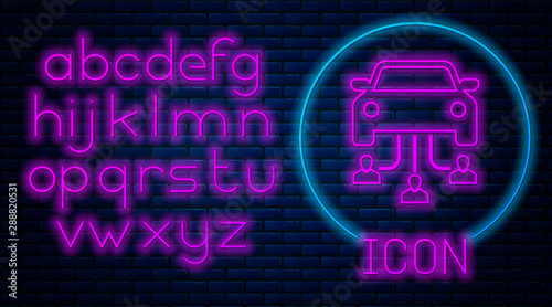 Glowing neon Car sharing with group of people icon isolated on brick wall background. Carsharing sign. Transport renting service concept. Neon light alphabet. Vector Illustration