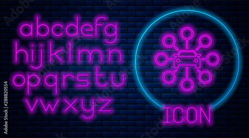 Glowing neon Car sharing icon isolated on brick wall background. Carsharing sign. Transport renting service concept. Neon light alphabet. Vector Illustration