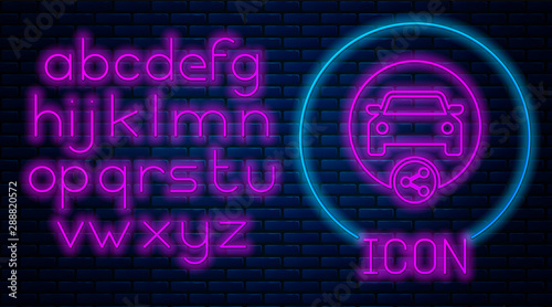 Glowing neon Car sharing icon isolated on brick wall background. Carsharing sign. Transport renting service concept. Neon light alphabet. Vector Illustration
