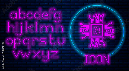 Glowing neon CPU mining farm icon isolated on brick wall background. Bitcoin sign inside processor. Cryptocurrency mining community. Digital money. Neon light alphabet. Vector Illustration