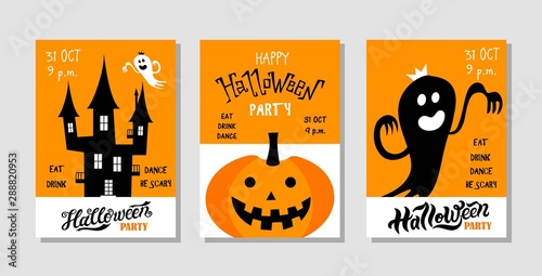 Set of Halloween party flyers. Hand drawn lettering and illustrations. Vector illustration. Best banner for Halloween party