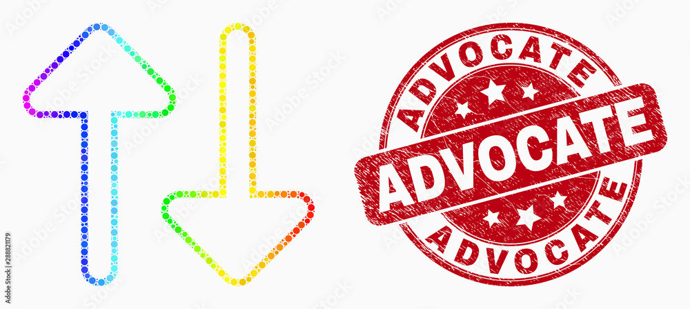 Dotted bright spectral vertical exchange arrows mosaic icon and Advocate seal stamp. Red vector round distress seal stamp with Advocate text. Vector composition in flat style. Dotted bright spectral vertical exchange arrows mosaic icon and Advocate seal stamp. Red vector round distress seal stamp with Advocate text. Vector composition in flat style.