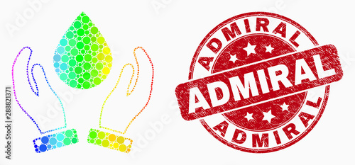 Pixel rainbow gradiented water drop care hands mosaic pictogram and Admiral seal. Red vector round scratched seal stamp with Admiral phrase. Vector combination in flat style.