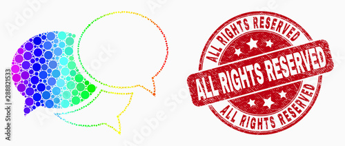 Dotted bright spectral webinar messages mosaic icon and All Rights Reserved watermark. Red vector rounded distress seal stamp with All Rights Reserved caption. Vector collage in flat style.