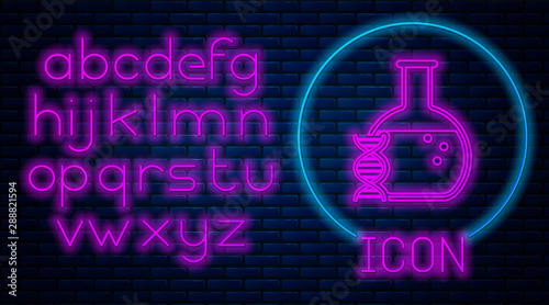 Glowing neon DNA research, search icon isolated on brick wall background. Genetic engineering, genetics testing, cloning, paternity testing. Neon light alphabet. Vector Illustration