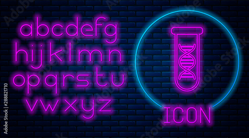 Glowing neon DNA research, search icon isolated on brick wall background. Genetic engineering, genetics testing, cloning, paternity testing. Neon light alphabet. Vector Illustration