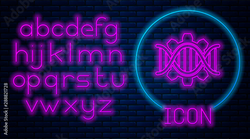 Glowing neon Genetic engineering icon isolated on brick wall background. DNA analysis, genetics testing, cloning, paternity testing. Neon light alphabet. Vector Illustration