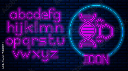 Glowing neon Genetic engineering icon isolated on brick wall background. DNA analysis, genetics testing, cloning, paternity testing. Neon light alphabet. Vector Illustration