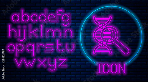 Glowing neon DNA research, search icon isolated on brick wall background. Magnifying glass and dna chain. Genetic engineering, cloning, paternity testing. Neon light alphabet. Vector Illustration