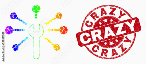 Dot bright spectral wrench links mosaic pictogram and Crazy seal stamp. Red vector round grunge seal with Crazy text. Vector collage in flat style.