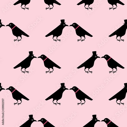Two funny crows, a gentleman seduces a lady, cartoon Valentine pattern. Cute raven illustration