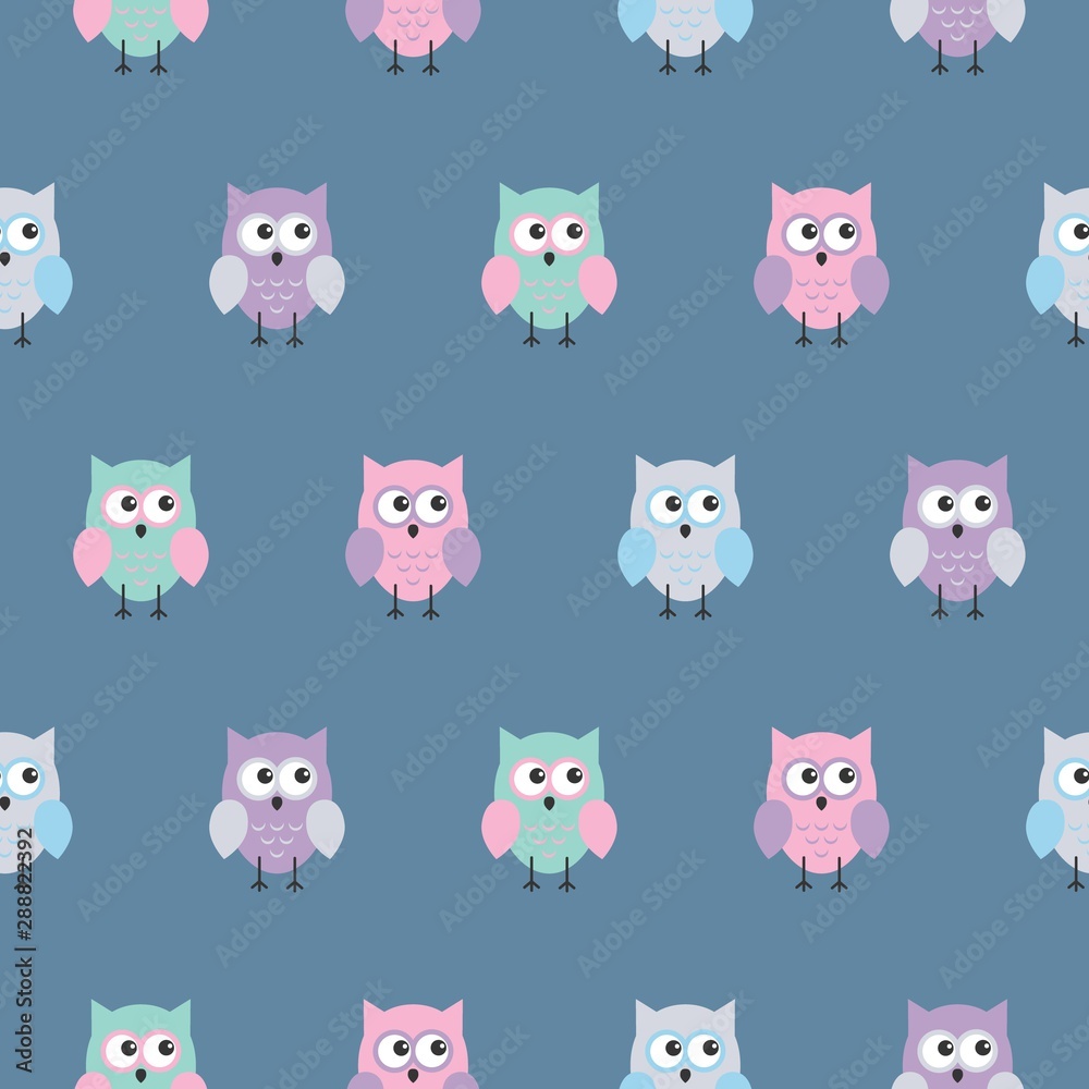 Cute flat owls pattern. Nice background for kids. On blue background. Cute flat owls pattern. Nice background for kids. On blue background.