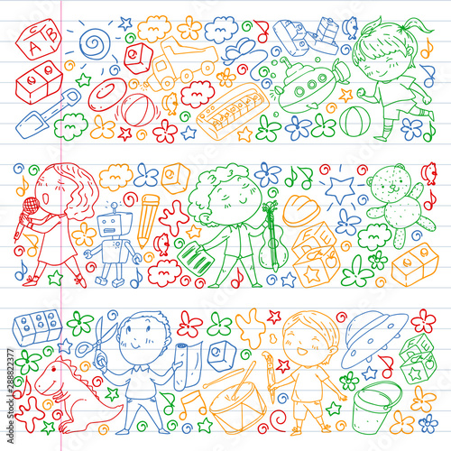 Painted by hand style pattern on the theme of childhood. Vector illustration for children design. Colorful drawing by pen on exercise notebook