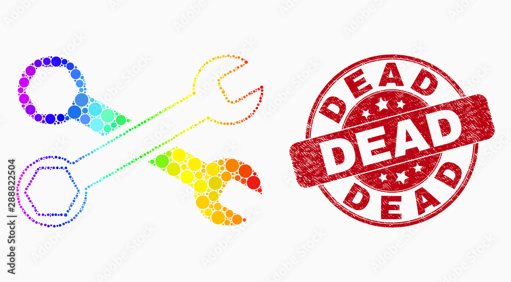 Pixelated spectral wrenches mosaic pictogram and Dead seal stamp. Red vector round textured seal with Dead title. Vector collage in flat style. Spectral gradient wrenches illustration of random dots,