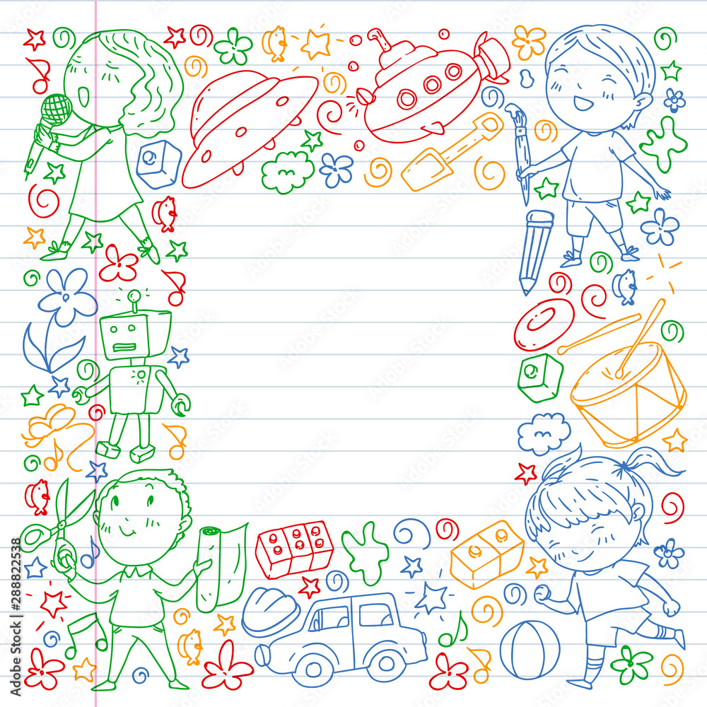 Painted by hand style pattern on the theme of childhood. Vector illustration for children design. Colorful drawing by pen on exercise notebook