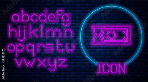 Glowing neon Fast payments icon on brick wall background. Fast money transfer payment. Financial services, fast loan, time is money, cash back concept. Neon light alphabet. Vector Illustration