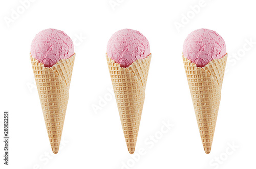 Set of three pink ice cream in crisp waffle cones isolated on white background, mock up for design.