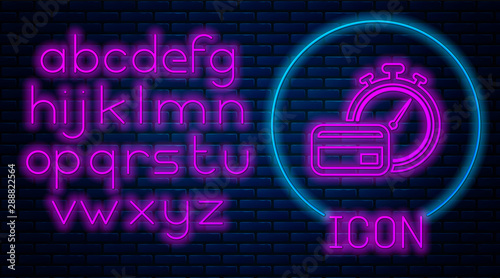 Glowing neon Fast payments icon on brick wall background. Fast money transfer payment. Financial services, fast loan, time is money, cash back concept. Neon light alphabet. Vector Illustration