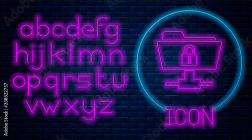 Glowing neon FTP folder and lock icon on brick wall background. Concept of software update, ftp transfer protocol. Security, safety, protection concept. Neon light alphabet. Vector Illustration