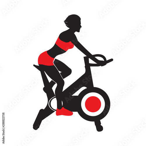Women on training bike. Stationary exercise bike workout. Healthy concept and wellness lifestyle. Isolated object on white background. Vector illustration. Training vector illustration.