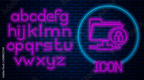 Glowing neon FTP folder and lock icon on brick wall background. Concept of software update, ftp transfer protocol. Security, safety, protection concept. Neon light alphabet. Vector Illustration