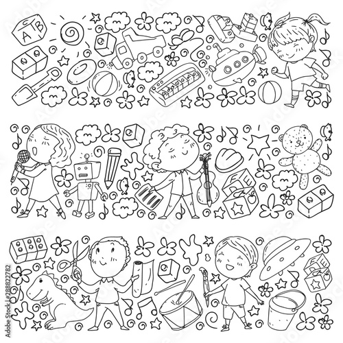 Painted by hand style pattern on the theme of childhood. Vector illustration for children design.Drawing by black pen on notebook.