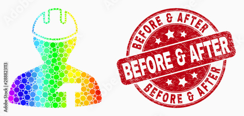 Pixelated spectral repairman mosaic pictogram and Before & After seal stamp. Red vector round distress seal stamp with Before & After phrase. Vector composition in flat style.