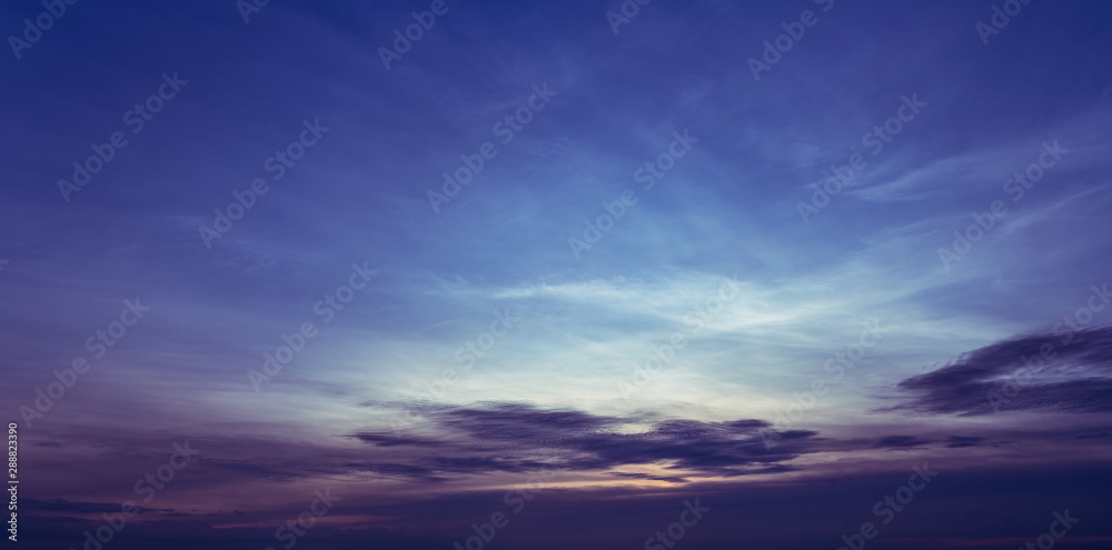 Beautiful cloudscape sunrise sky. Blue and purple sky at sunrise. Art picture of blue sky and clouds. Peaceful and tranquil concept. Sky background for blue feeling or depression quote. Peaceful.