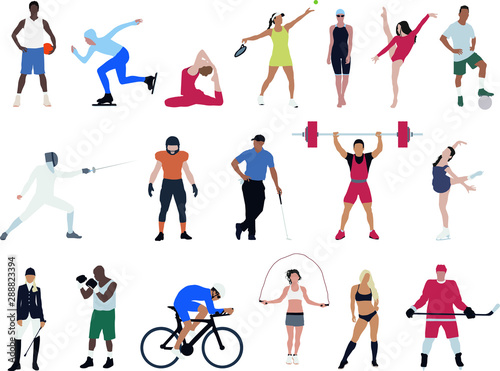 Large set of male and female athletes performing various sports activities. Yoga, football, lifting, Boxing, tennis, skating, fencing and aerobics. Fitness and healthy lifestyle. Isolated vector.