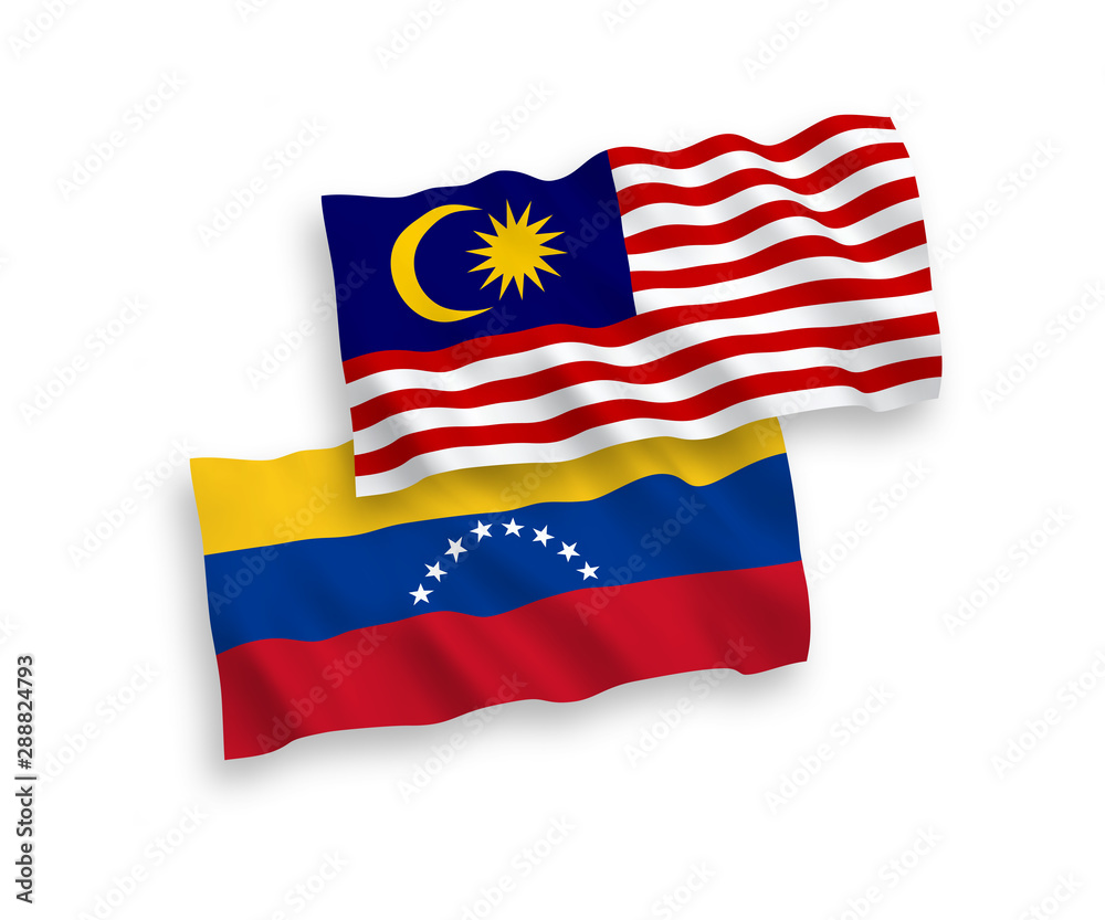 National vector fabric wave flags of Venezuela and Malaysia isolated on white background. 1 to 2 proportion. National vector fabric wave flags of Venezuela and Malaysia isolated on white background. 1 to 2 proportion.