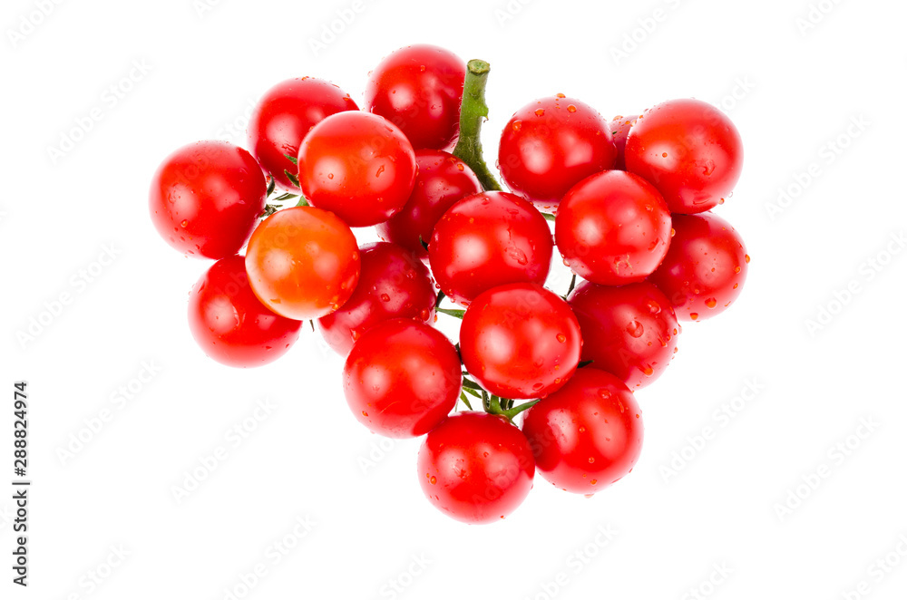 Bunch of ripe red cherry tomatoes isolated on white background. - obrazy, fototapety, plakaty 