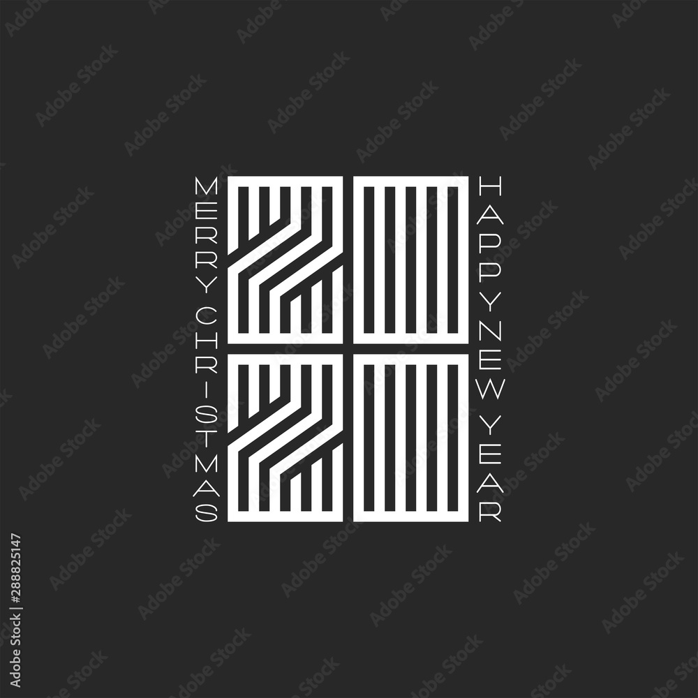 Logo 2020 monogram number and text Merry Christmas Happy New Year black and white colors, minimalist style emblem, linear design element for typography greeting poster or calendar cover Logo 2020 monogram number and text Merry Christmas Happy New Year black and white colors, minimalist style emblem, linear design element for typography greeting poster or calendar cover