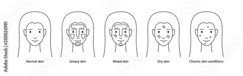 Women`s types of skin: normal, greasy, mixed, dry skins and chronic skin conditions