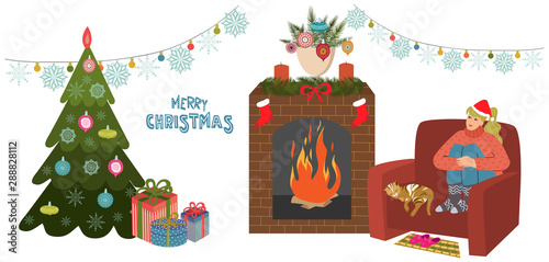 The girl is sitting in a large comfortable chair, legs crossed by the fireplace near christmas tree with gifts. Cat is sleeping next to her. Vector illustration isolated on white background.