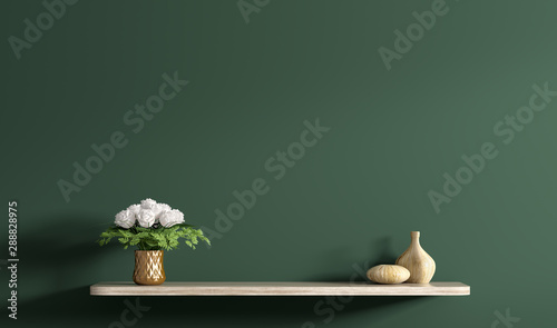 Fototapeta Naklejka Na Ścianę i Meble -  Shelf with bouquet of white roses in copper vase over dark green wall 3d rendering