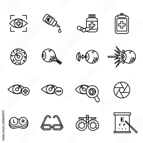 o, pticaloptometry Related icons set with white background. Thin line style stock vector.