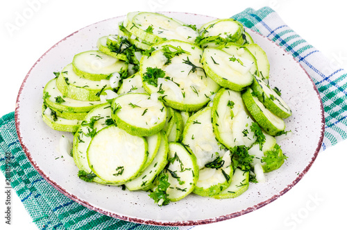 Marinated slices of zucchini with garlic and herbs