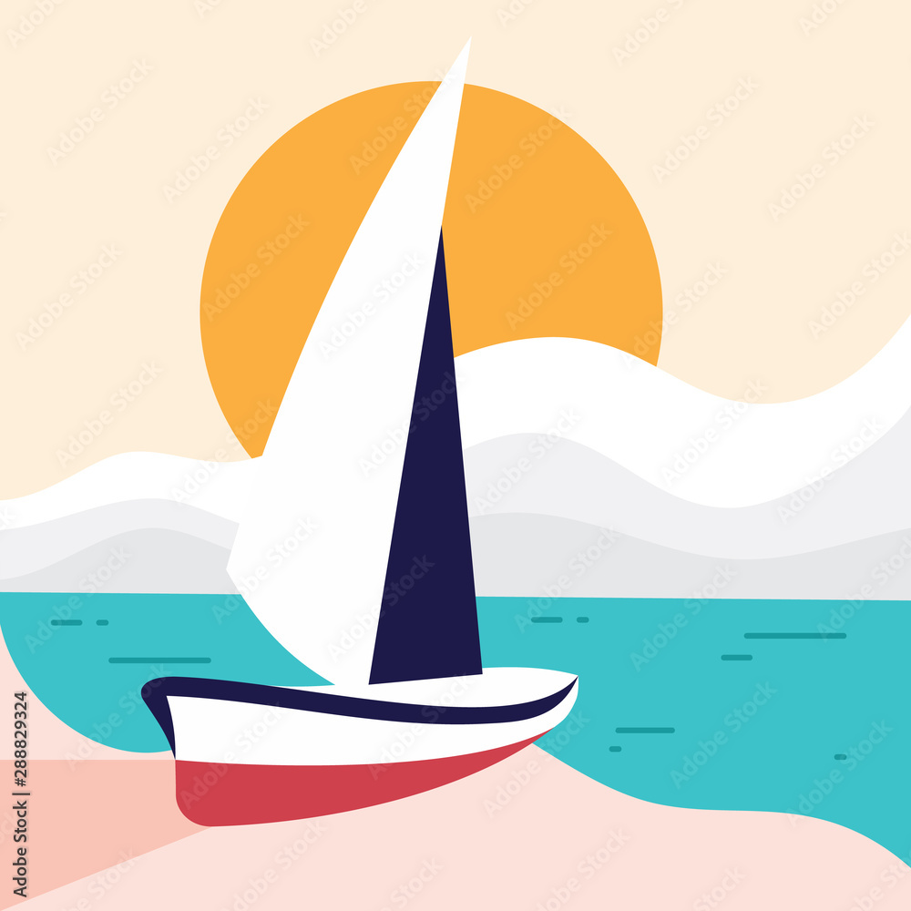 Fototapeta premium Simple beach landscape with sailboat for element design in flat style