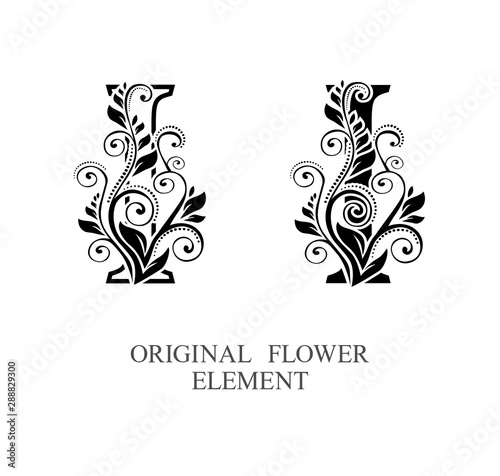  Elegant initial letters I in two color variations with botanical element. Vector letters logo design template set. Alphabet label sign for company branding and identity.Unique concept type as logotyp