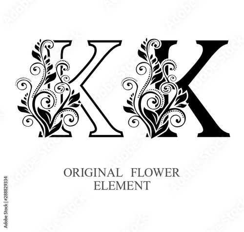  Elegant initial letters K in two color variations with botanical element. Vector letters logo design template set. Alphabet label sign for company branding and identity.Unique concept type as logotyp