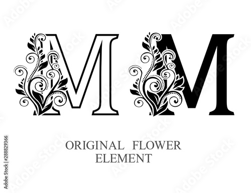  Elegant initial letters M in two color variations with botanical element. Vector letters logo design template set. Alphabet label sign for company branding and identity.Unique concept type as logotyp