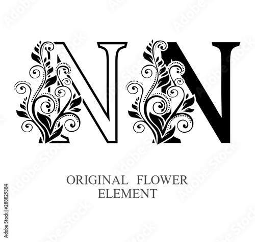  Elegant initial letters N in two color variations with botanical element. Vector letters logo design template set. Alphabet label sign for company branding and identity.Unique concept type as logotyp