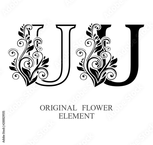  Elegant initial letters U in two color variations with botanical element. Vector letters logo design template set. Alphabet label sign for company branding and identity.Unique concept type as logotyp
