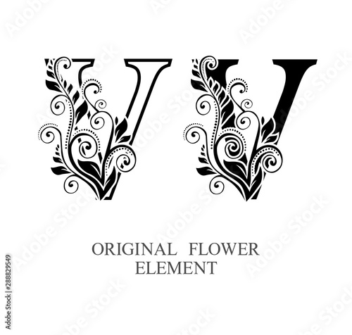  Elegant initial letters V in two color variations with botanical element. Vector letters logo design template set. Alphabet label sign for company branding and identity.Unique concept type as logotyp
